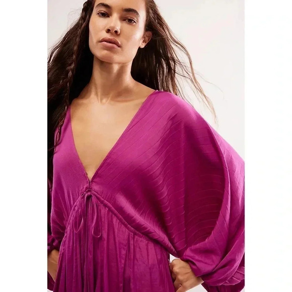 New Free People Arzel Long Sleeve Mini Dress in Magenta Haze Hot Pink XS - Picture 11 of 13